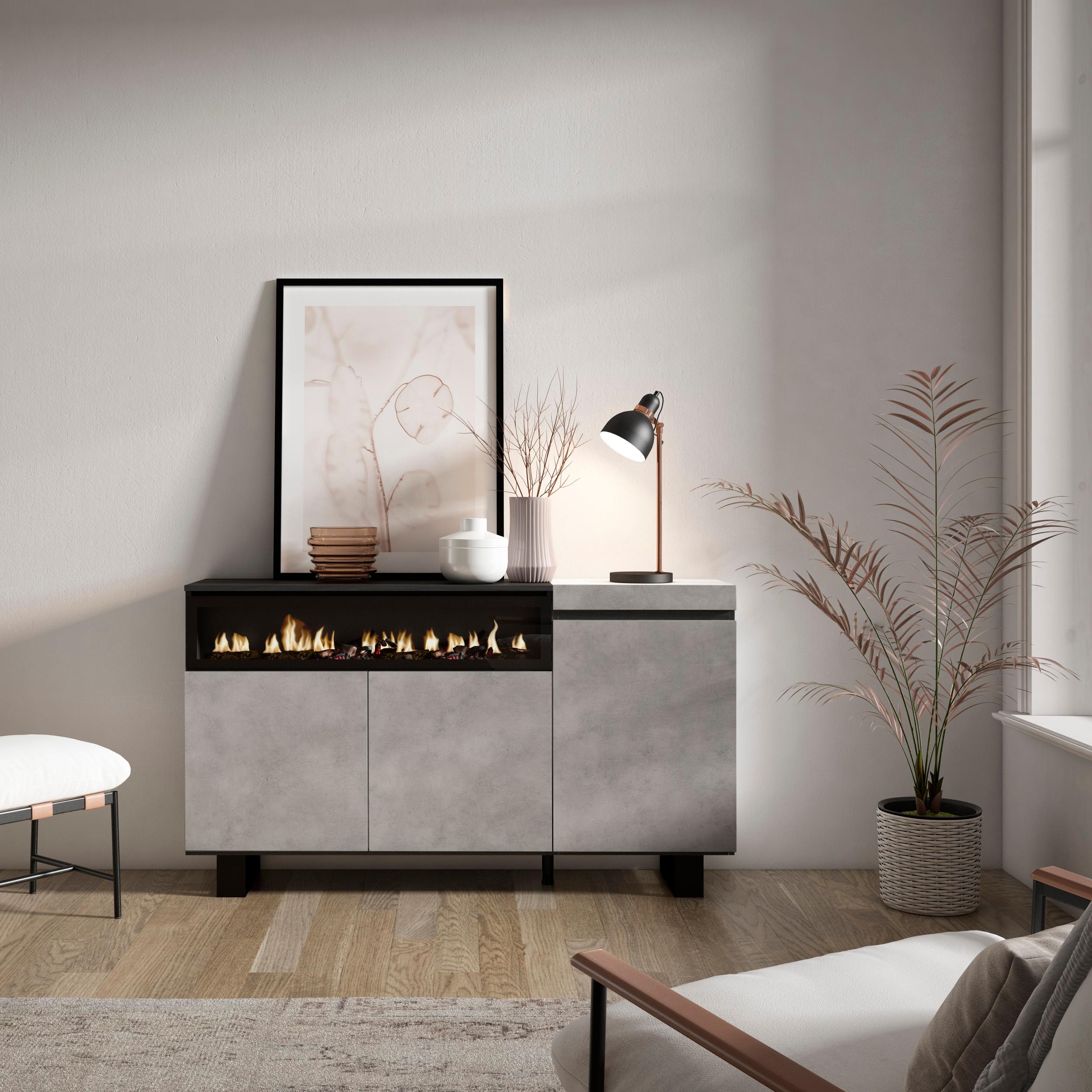 Credenza, Mobile, 150x35x87cm, 3 Porte, Camino elettrico, Design industriale, grigio cemento RF2494
