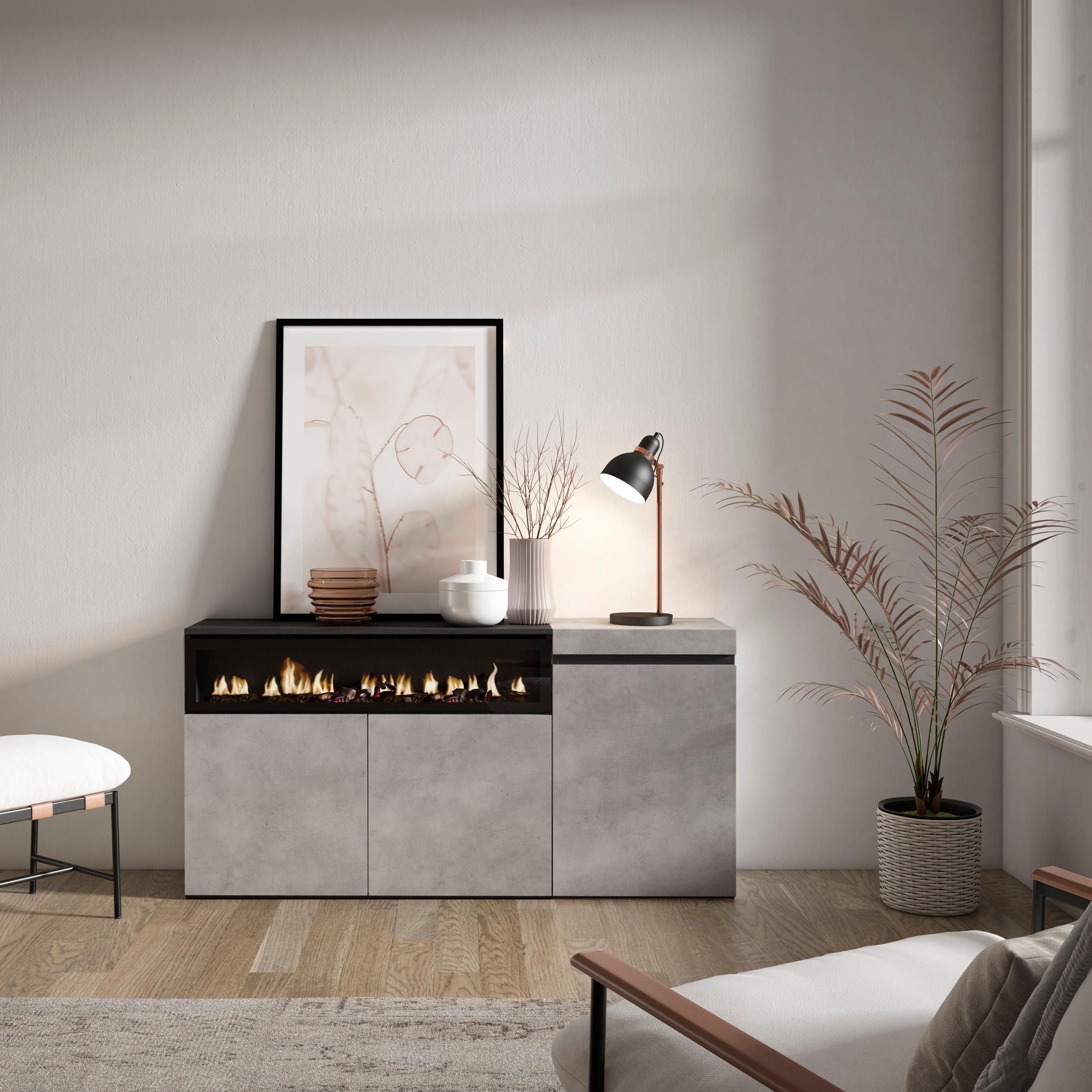 Credenza, Mobile, 150x35x75cm, 3 Porte, Camino elettrico, grigio cemento RF2493