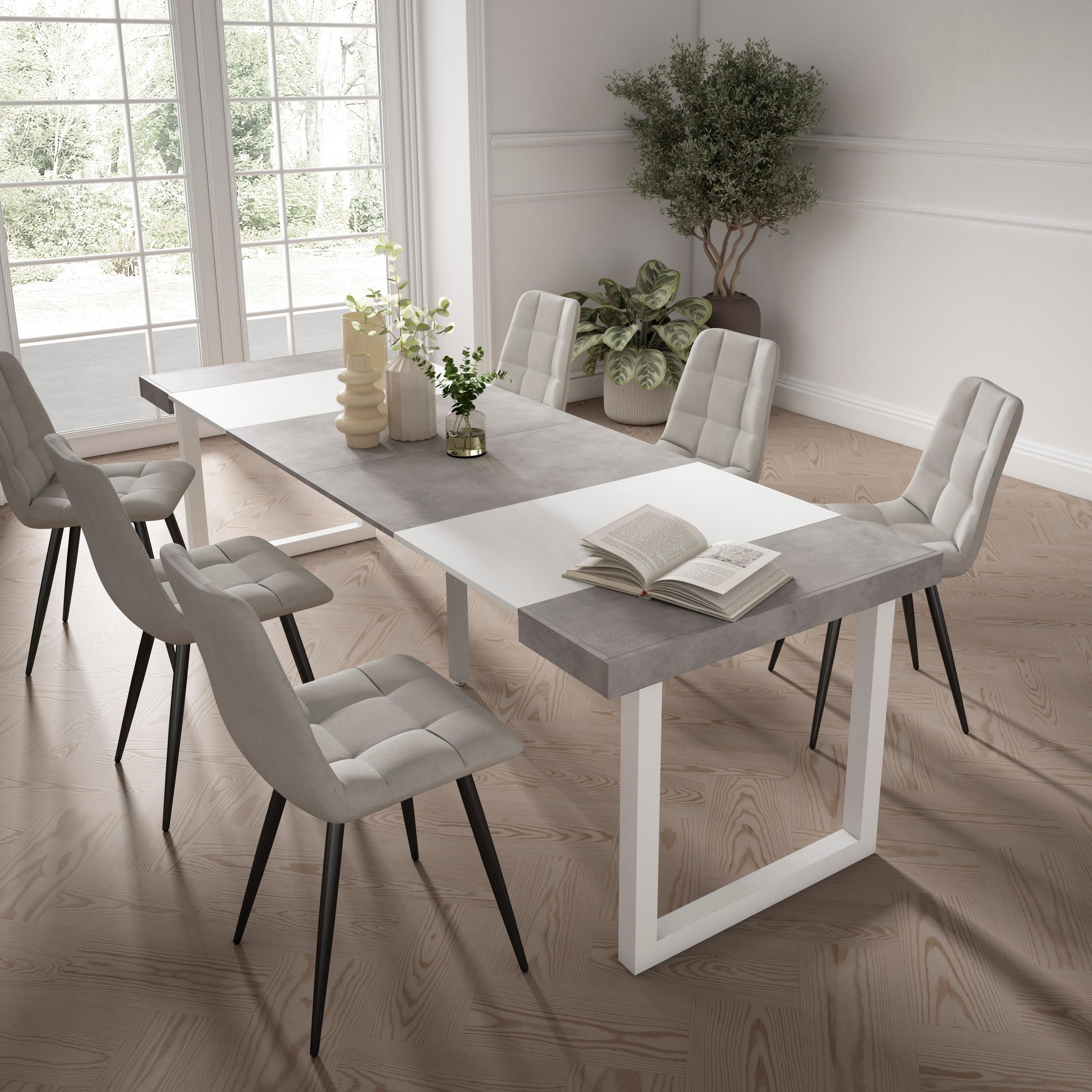 Consolle allungabile, 262x90x73cm, Per 12 persone, Gambe in legno, Bianco e grigio cemento RF2982