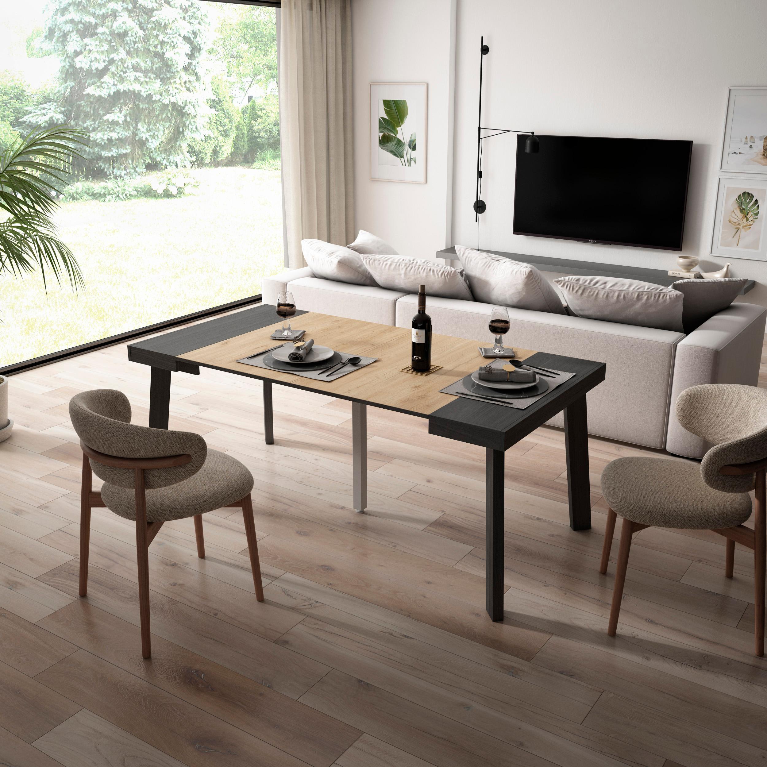 Consolle allungabile, 180x90x73cm, Per 8 persone, Gambe in legno, Nero e colore Rovere RF2997