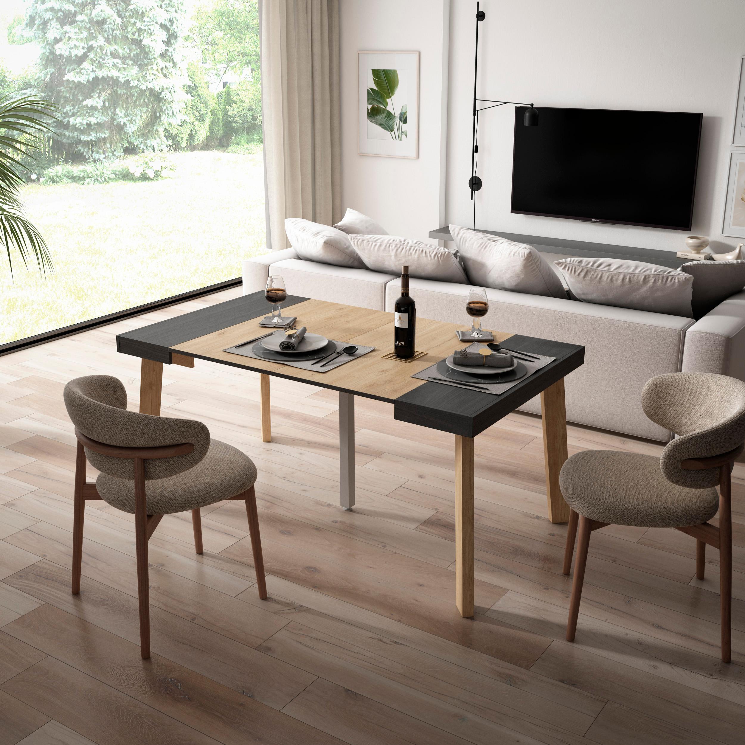 Consolle allungabile, 160x90x73cm, Per 8 persone, Gambe in legno, Nero e colore Rovere RF3042
