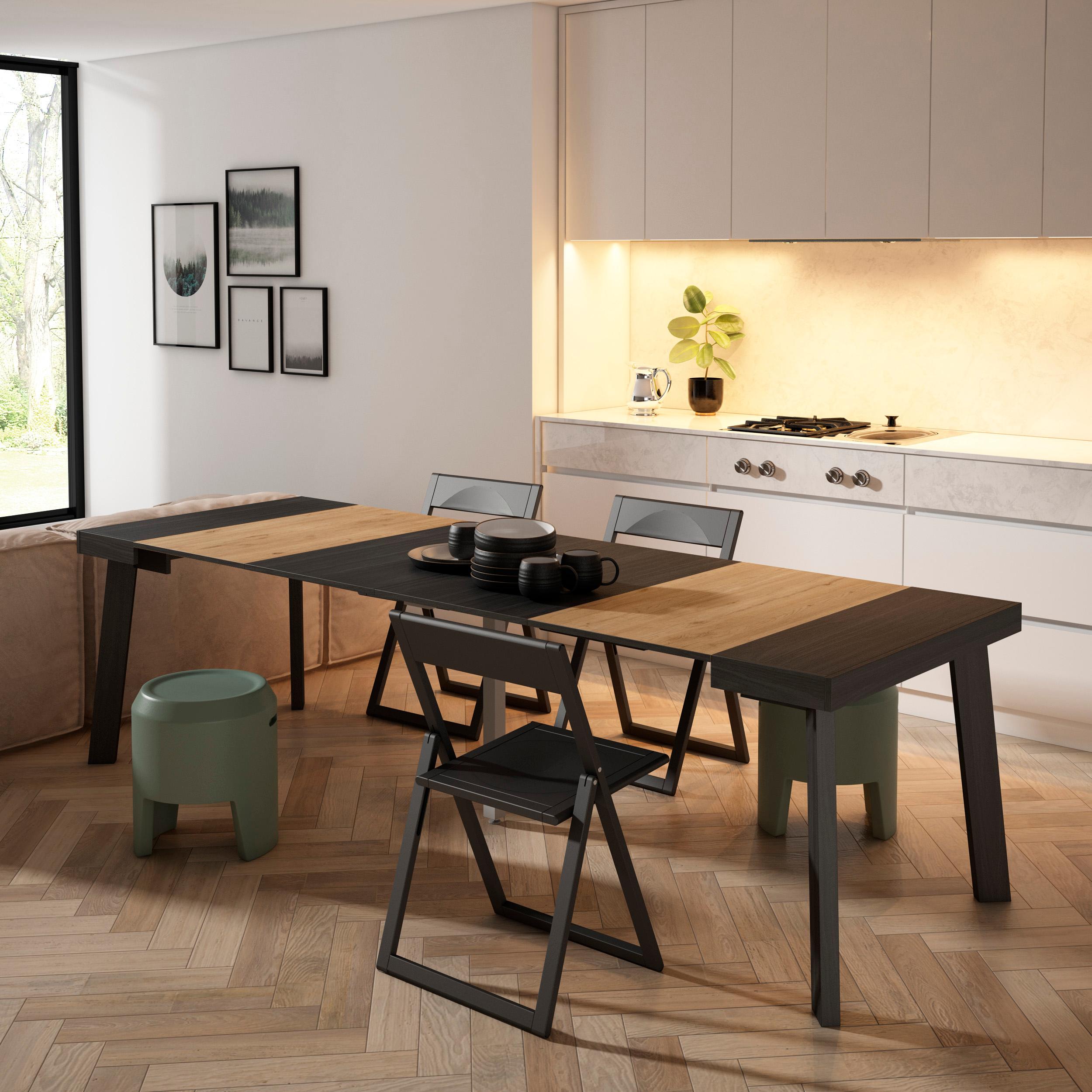 Consolle allungabile, 262x90x73cm, Per 12 persone, Gambe in legno, Nero e colore Rovere RF3028