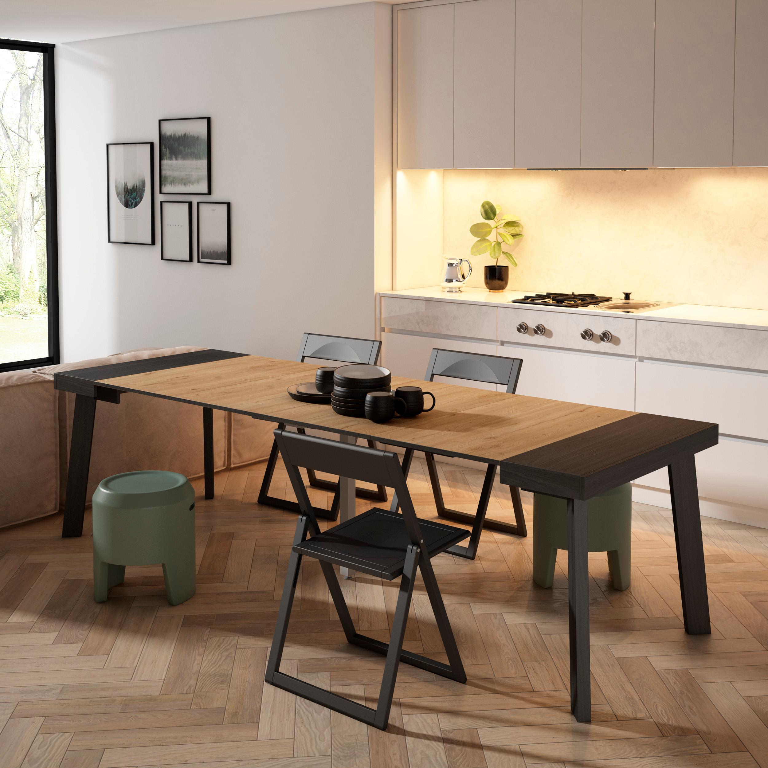 Consolle allungabile, 262x90x73cm, Per 12 persone, Gambe in legno, Nero e colore Rovere RF3027