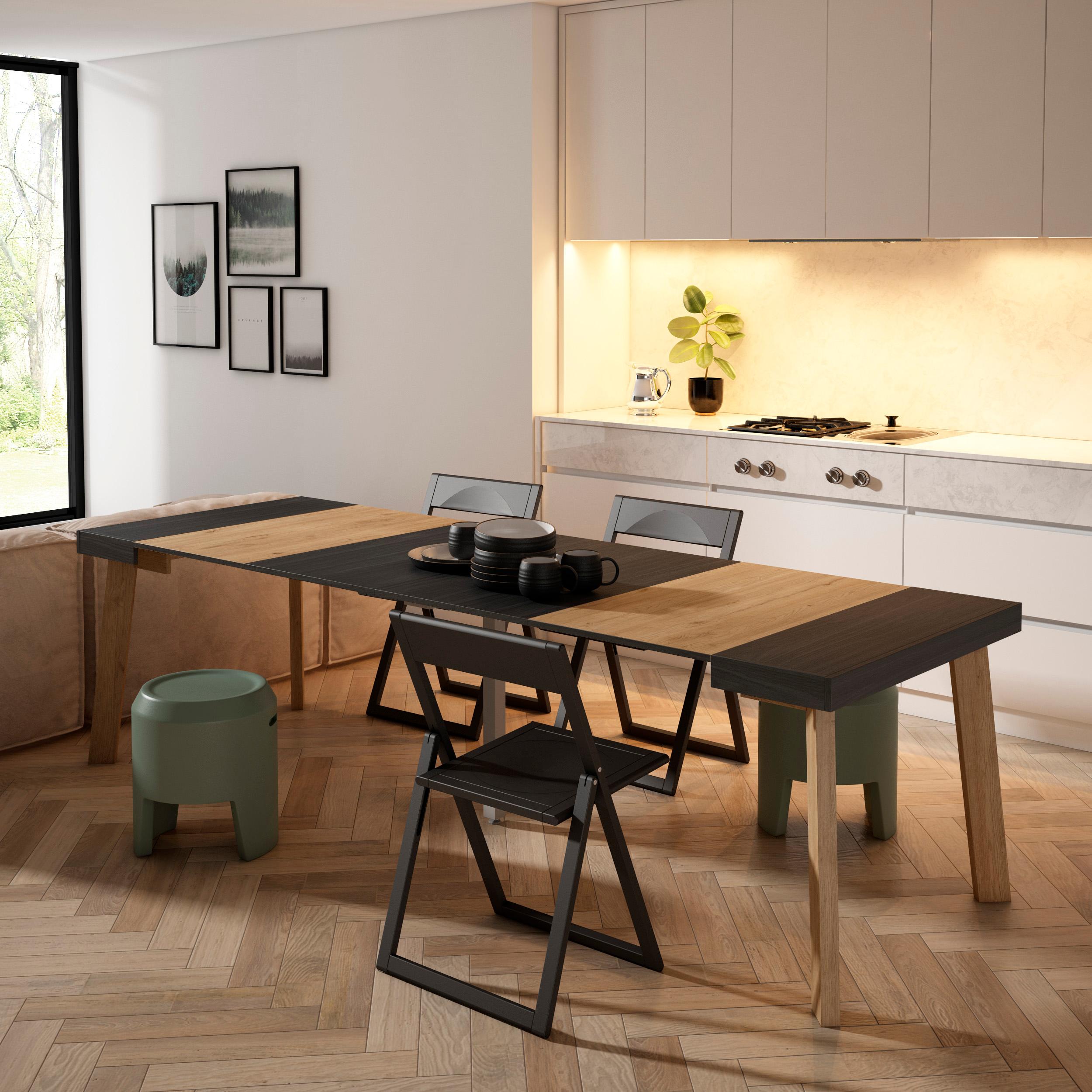Consolle allungabile, 262x90x73cm, Per 12 persone, Gambe in legno, Nero e colore Rovere RF3090
