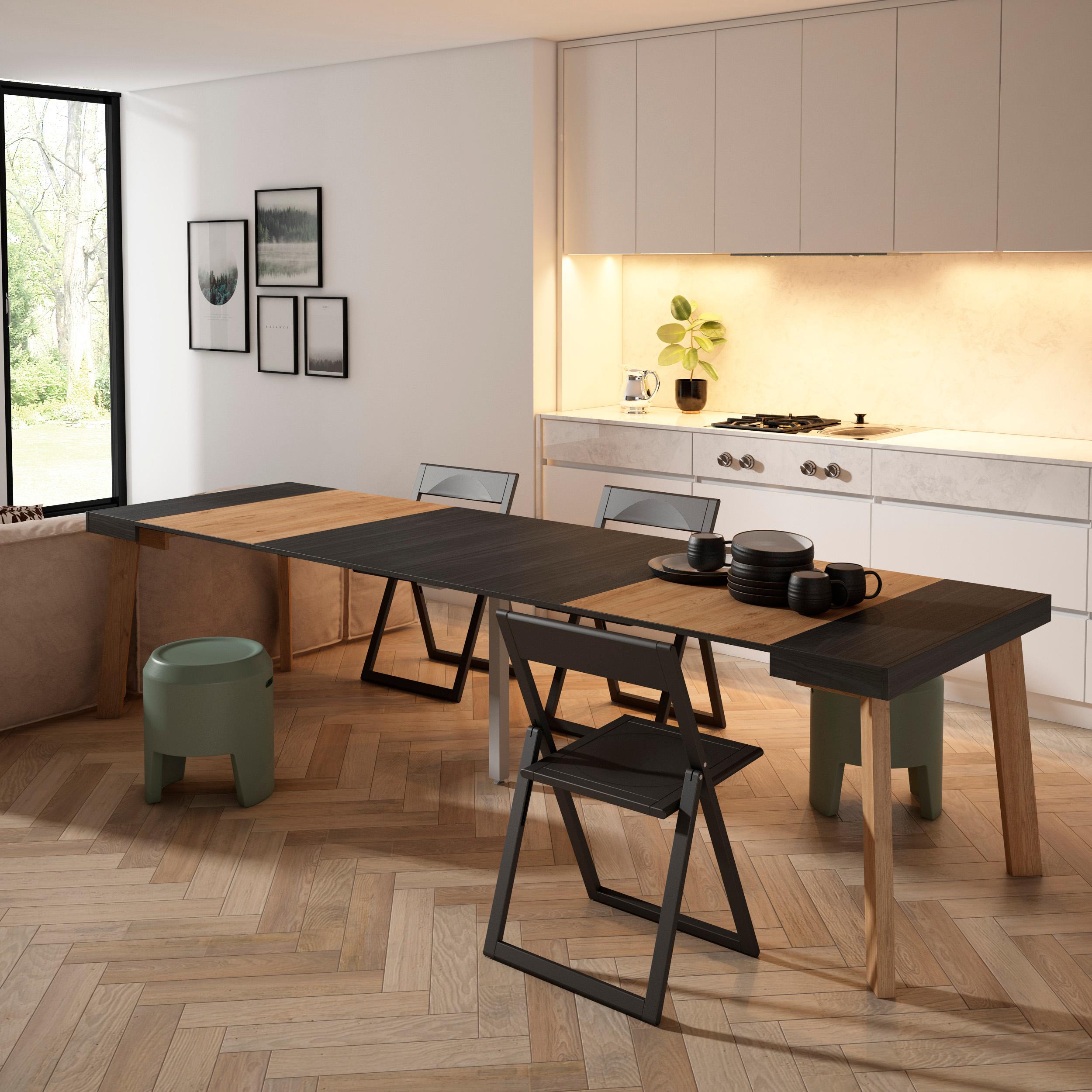 Consolle allungabile, 302x90x73cm, Per 14 persone, Gambe in legno, Nero e colore Rovere RF3101