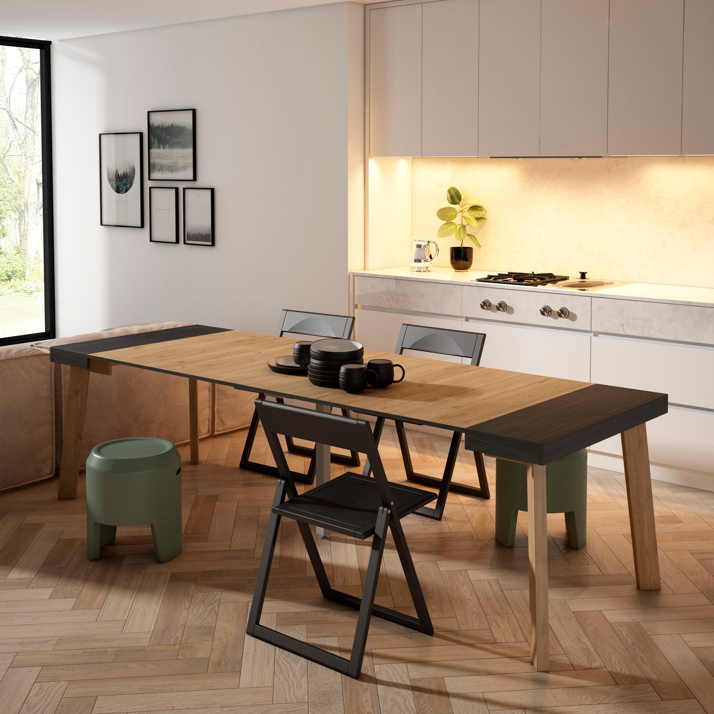 Consolle allungabile, 262x90x73cm, Per 12 persone, Gambe in legno, Nero e colore Rovere RF3088