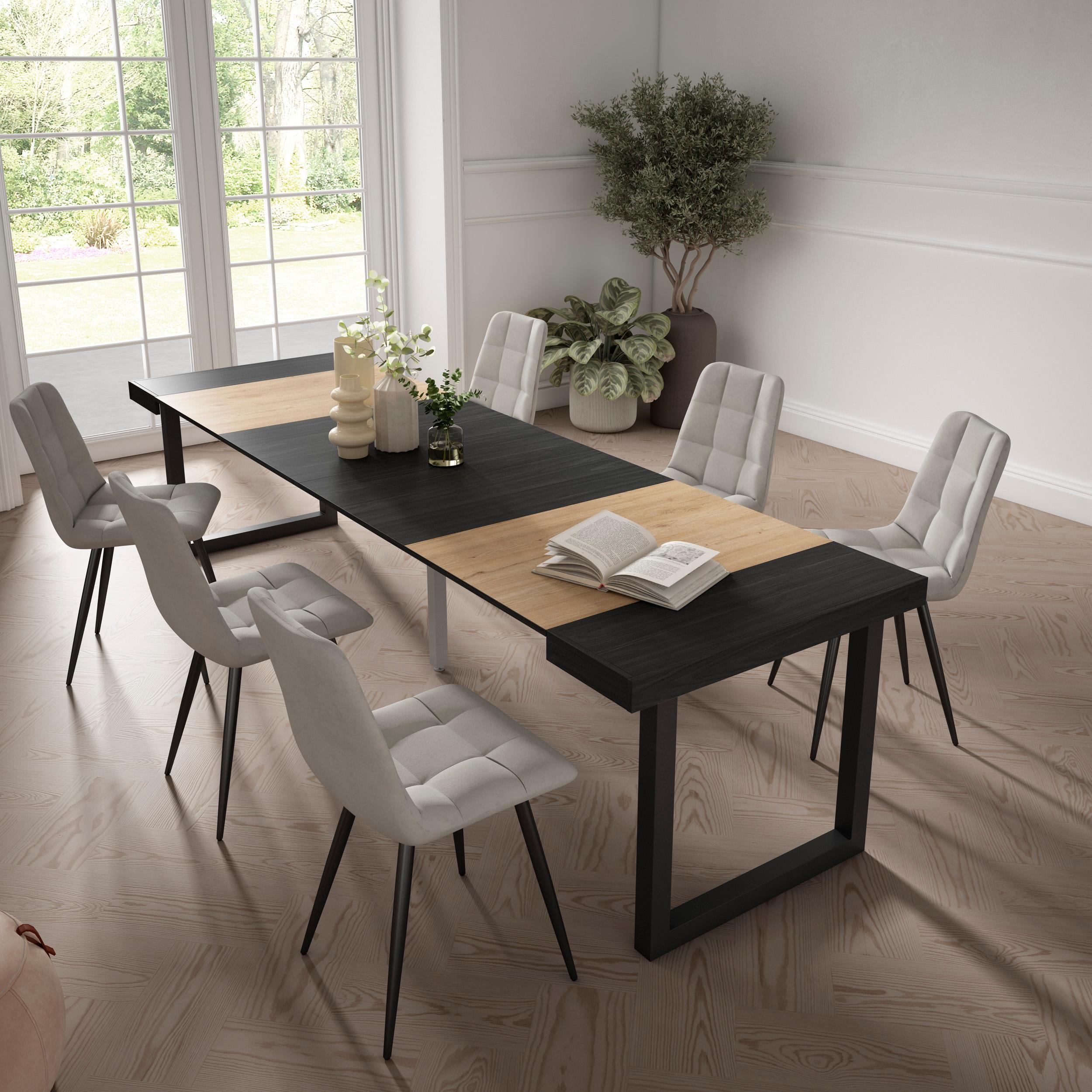 Consolle allungabile, 302x90x73cm, Per 14 persone, Gambe in legno, colore Rovere e nero RF2946