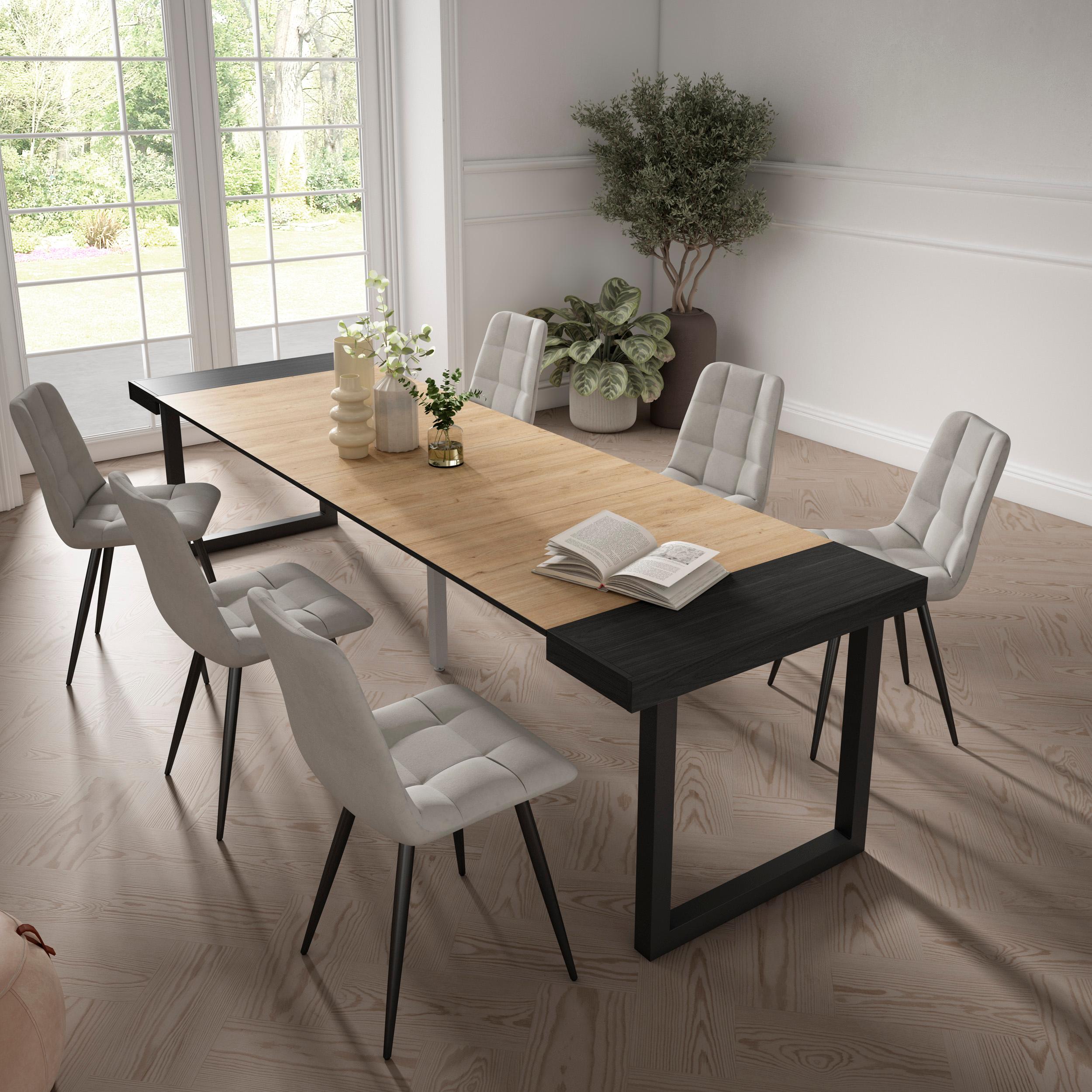 Consolle allungabile, 302x90x73cm, Per 14 persone, Gambe in legno, colore Rovere e nero RF2944