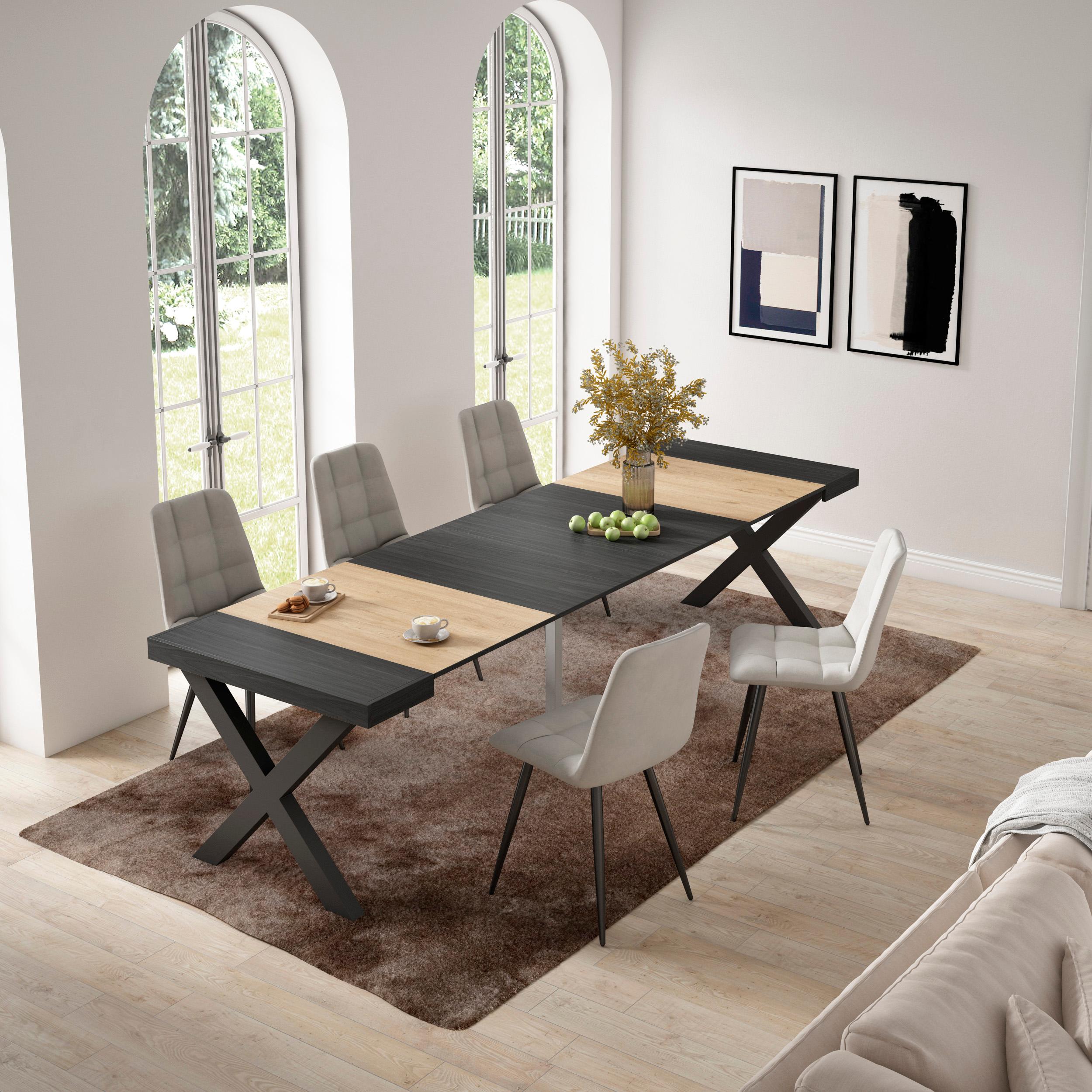 Consolle allungabile, 58 fino 302x90x73cm, Per 14 persone, Gambe in legno, colore Rovere e nero RF2832
