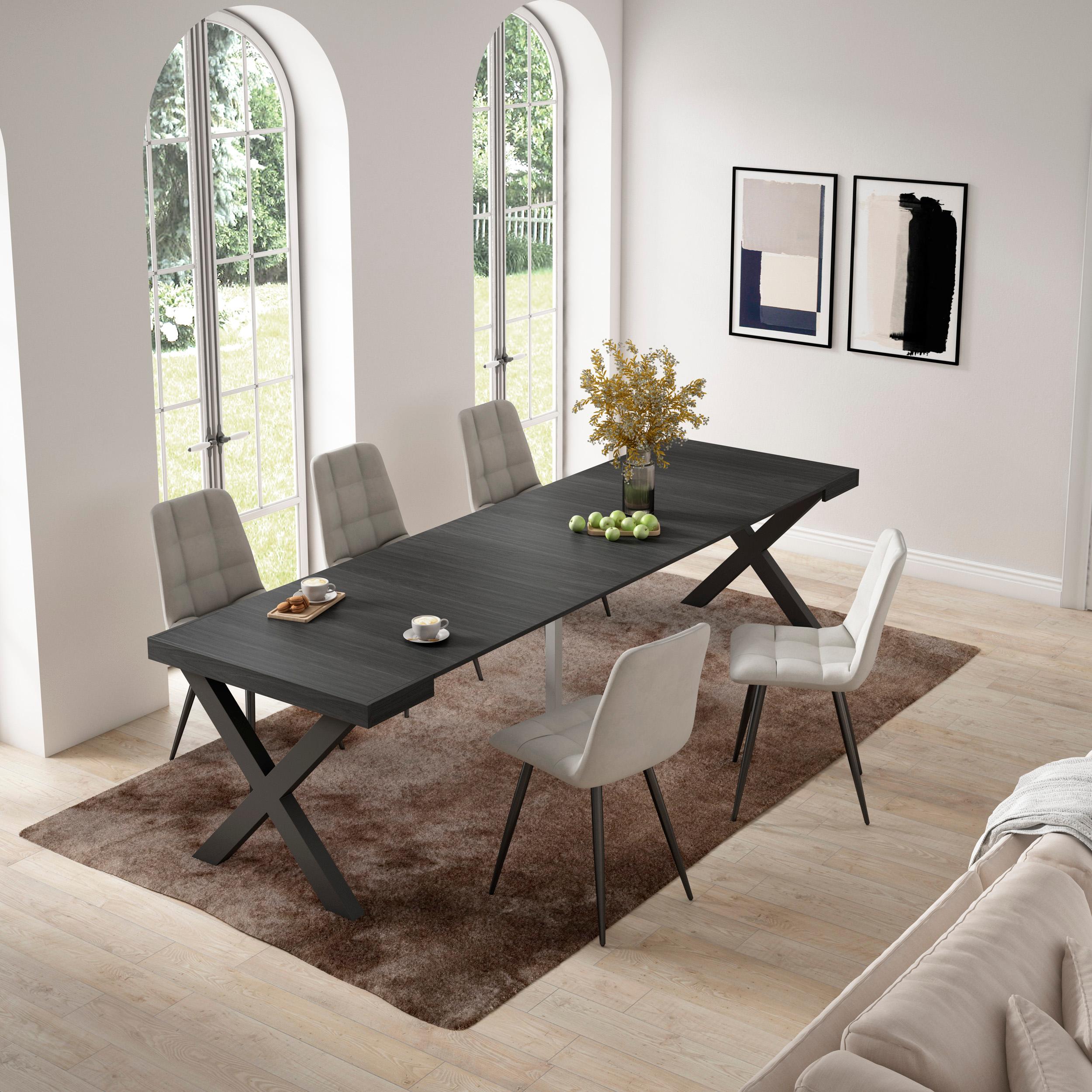 Consolle allungabile, 58 fino 302x90x73cm, Per 14 persone, Gambe in legno, Nero RF2833