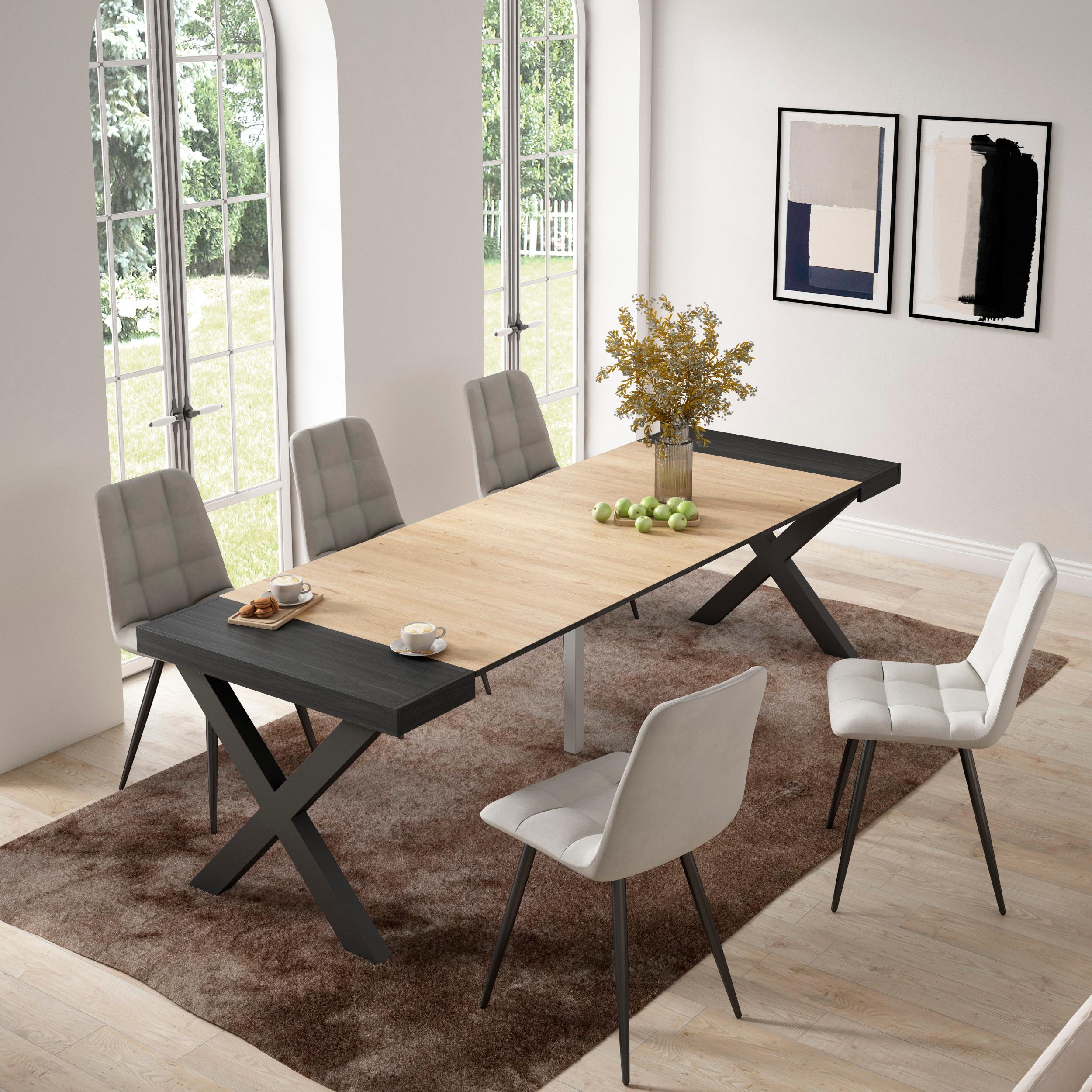 Consolle allungabile, 58 fino 262x90x73cm, Per 12 persone, Gambe in legno, colore Rovere e nero RF2804