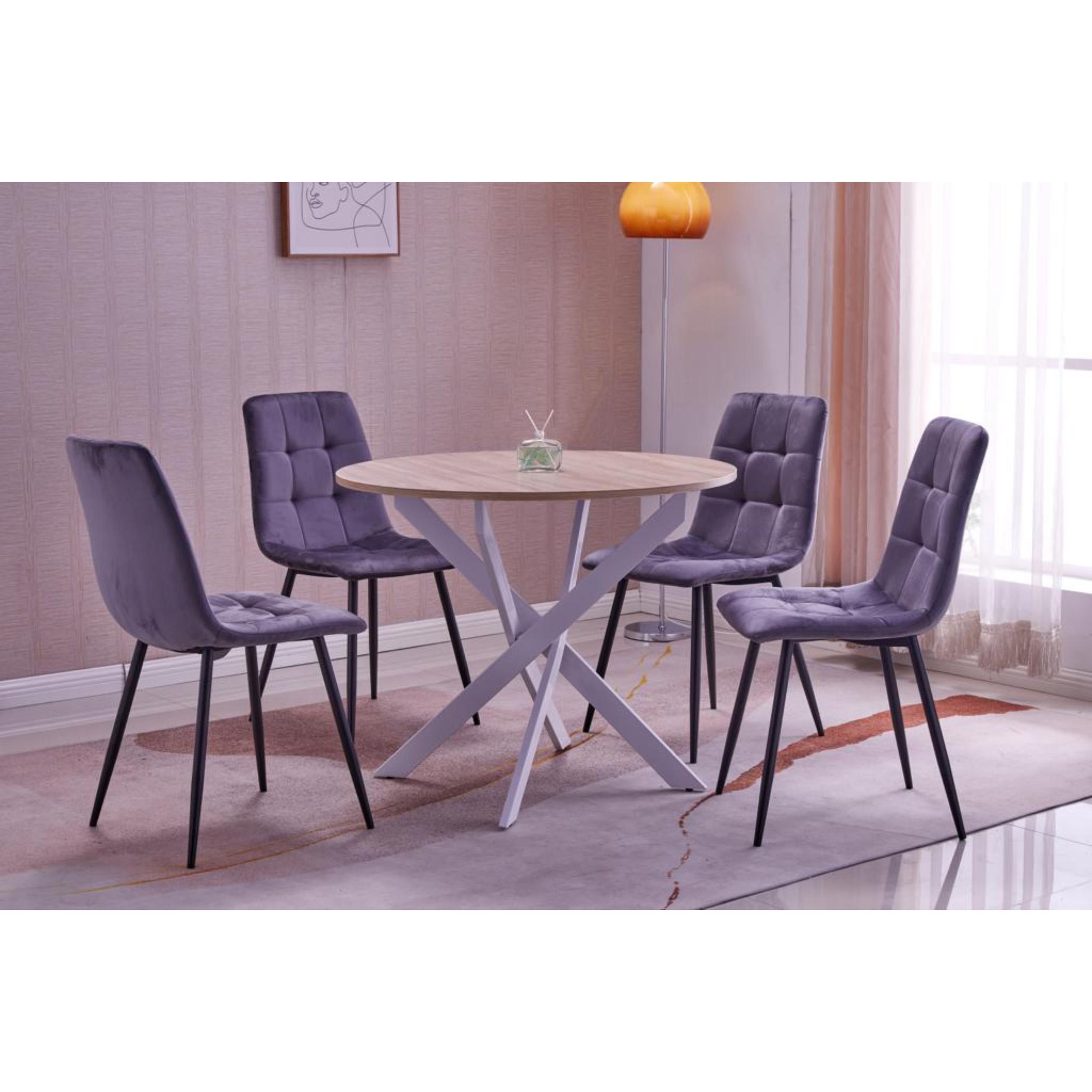 Set Mobili, Pack di 4 sedie da pranzo, Sedia imbottita, Sedia, Tavolo rotondo 90x90x77cm, colore Rovere, Gambe bianche RF2658