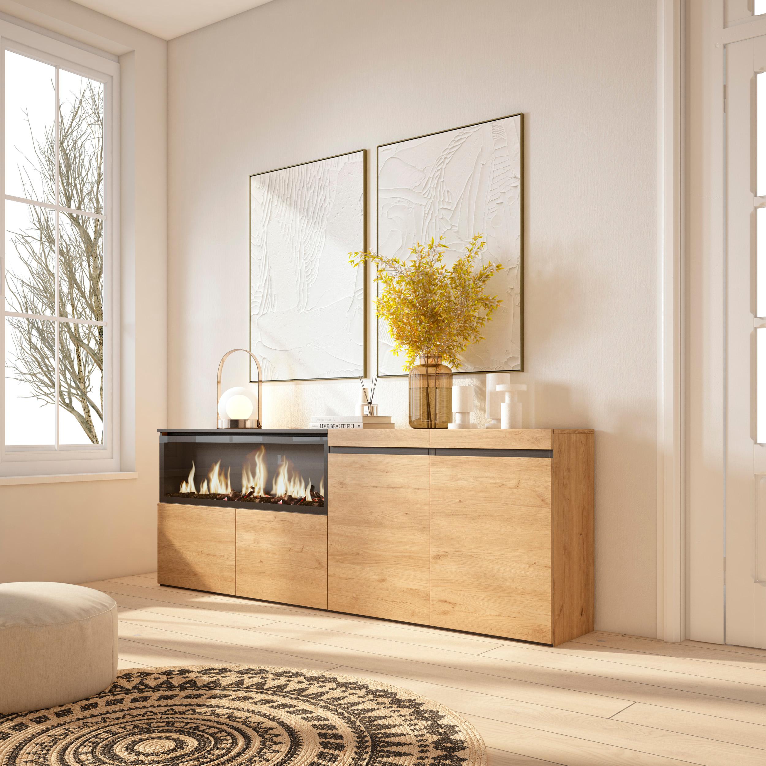 Credenza, Mobile, 208x35x75cm, 4 Porte, Camino elettrico XXL, colore Rovere RF3225