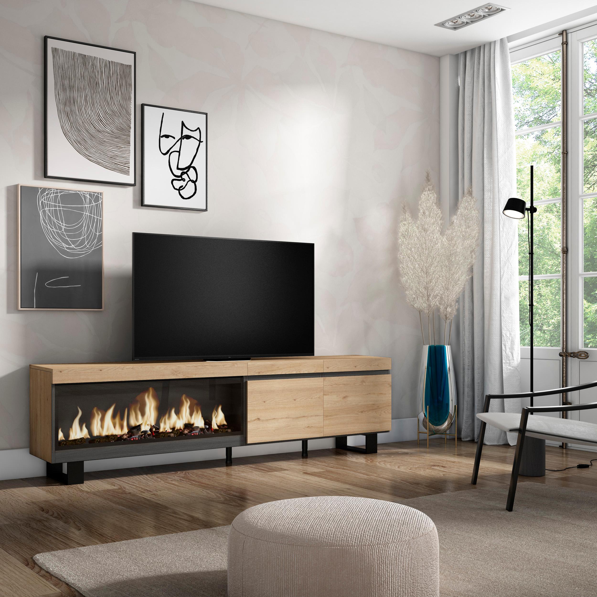 Mobile TV Soggiorno, 208x35x57cm, Per TV fino a 80", Camino elettrico XXL, Design industriale, colore Rovere RF3276
