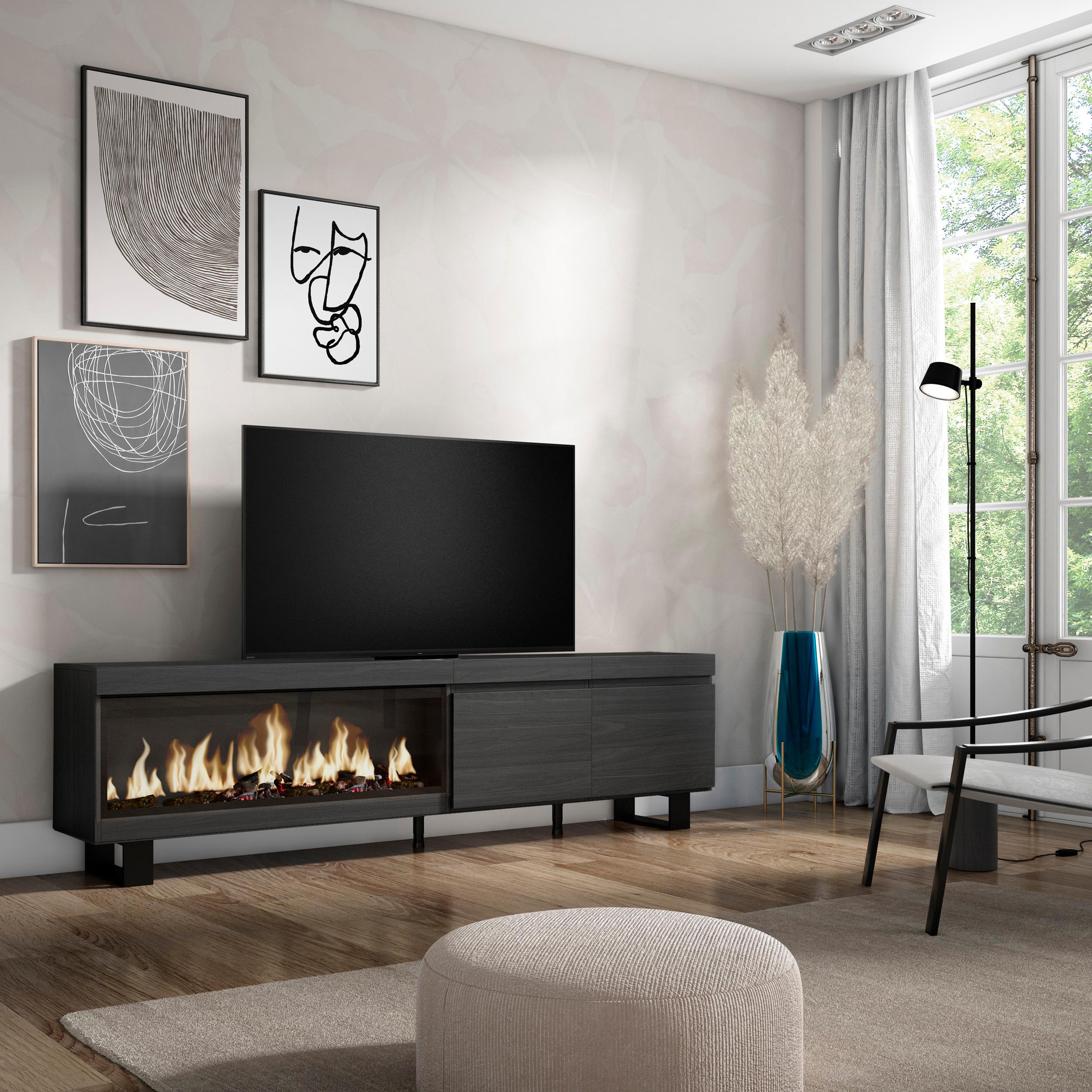 Mobile TV Soggiorno, 208x35x57cm, Per TV fino a 80", Camino elettrico XXL, Design industriale, Nero RF3258
