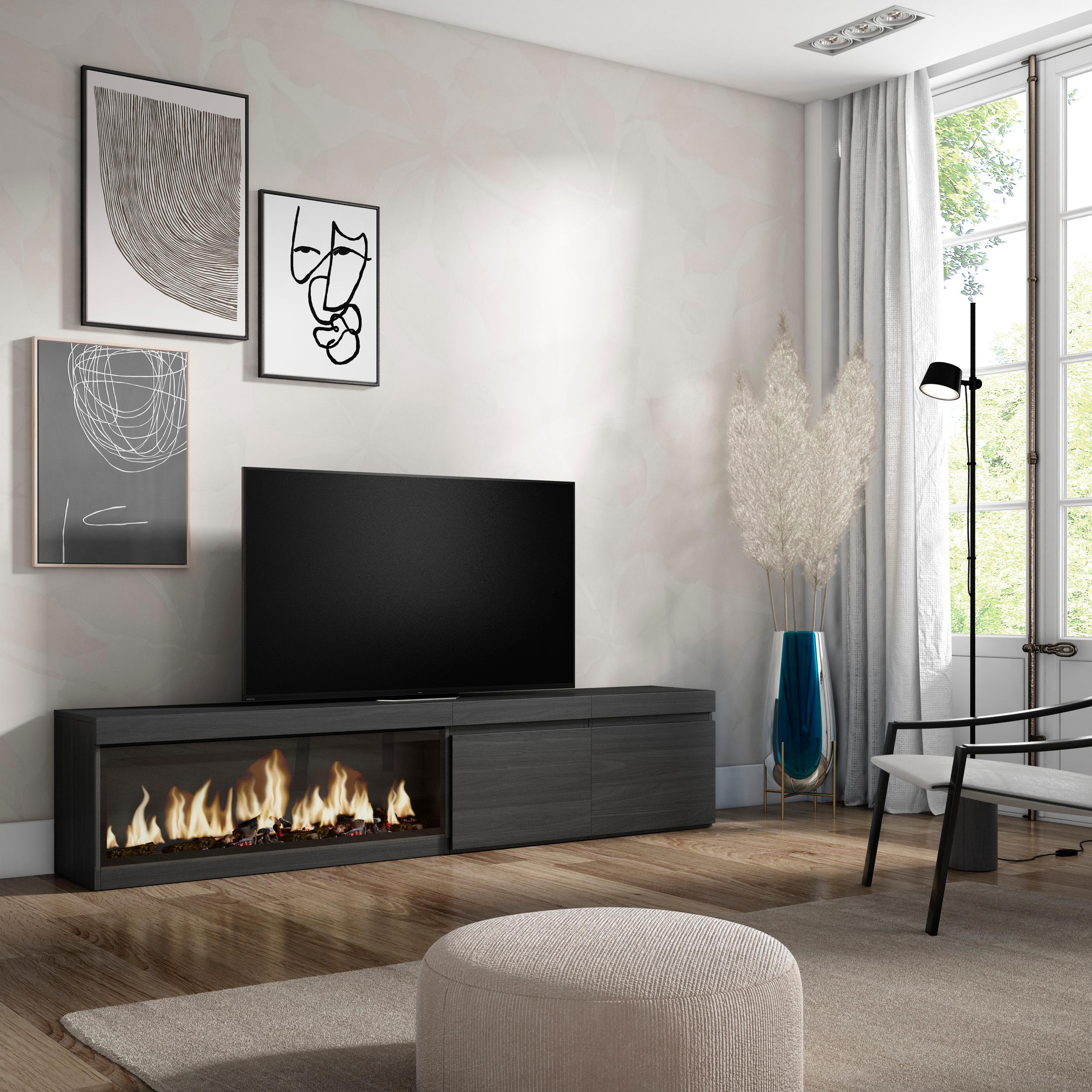 Mobile TV Soggiorno, 208x35x45cm, Per TV fino a 80", Camino elettrico XXL, Nero RF3255