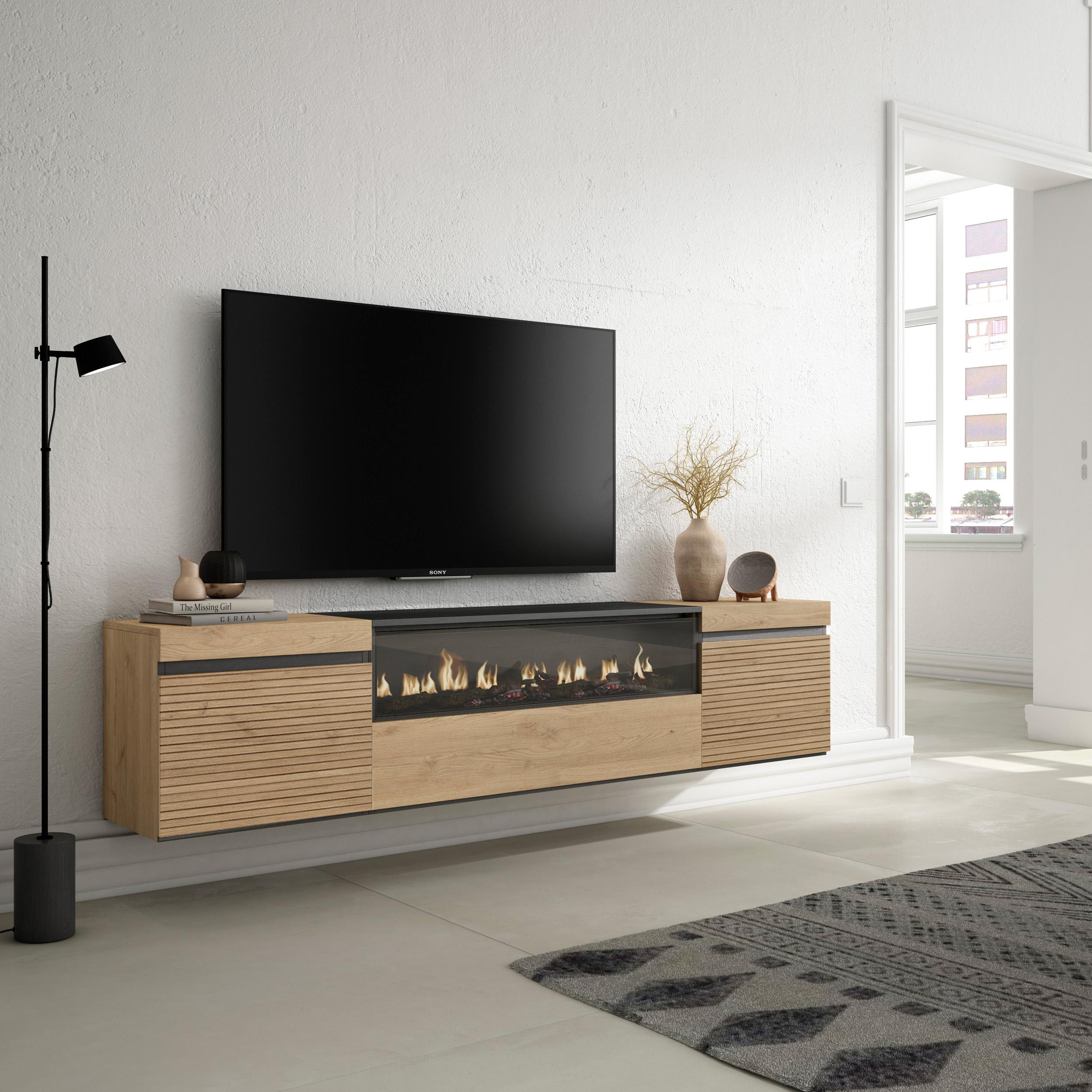 Mobile TV Soggiorno, 200x35x45cm, Per TV fino a 80", Camino elettrico, da appendere, colore Rovere RF3317