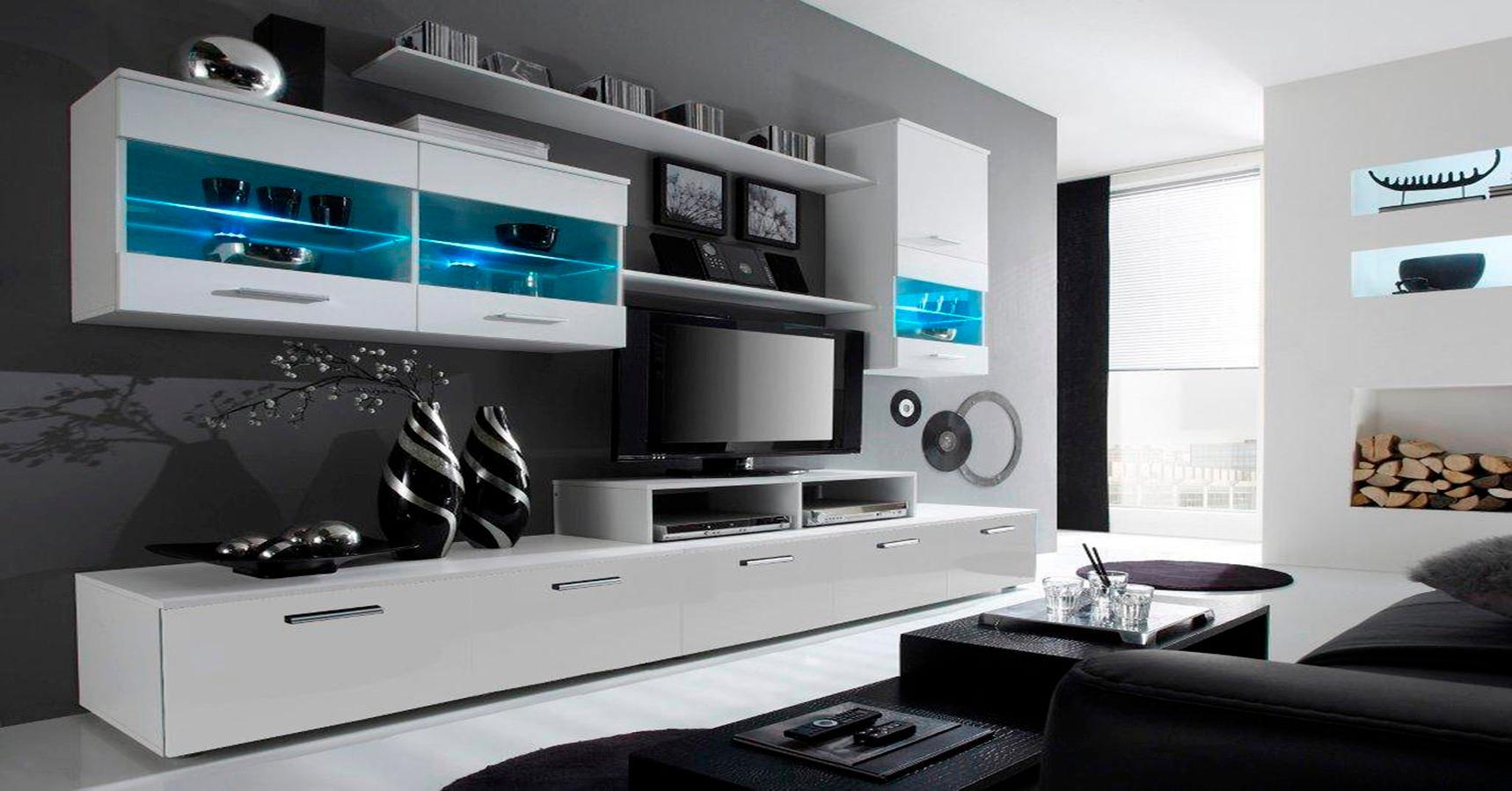 Mobile TV 250x42x194cm Parete da Soggiorno e pranzo contemporaneo colore Bianco Mate e Bianco Laccato RF546