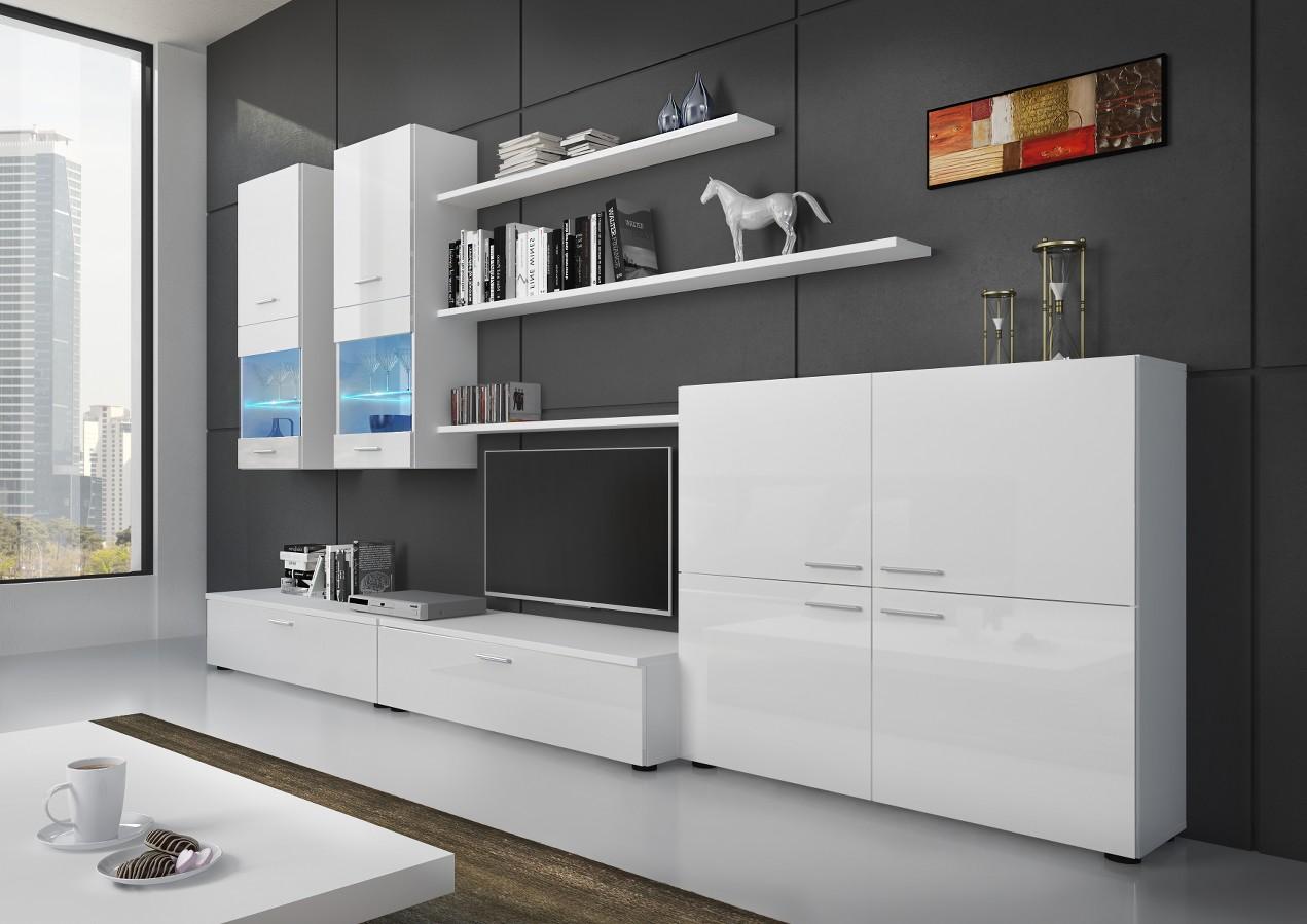 Mobile TV 300x42x189cm Parete da soggiorno e pranzo contemporaneo colore Bianco Laccato e Bianco Mate RF9