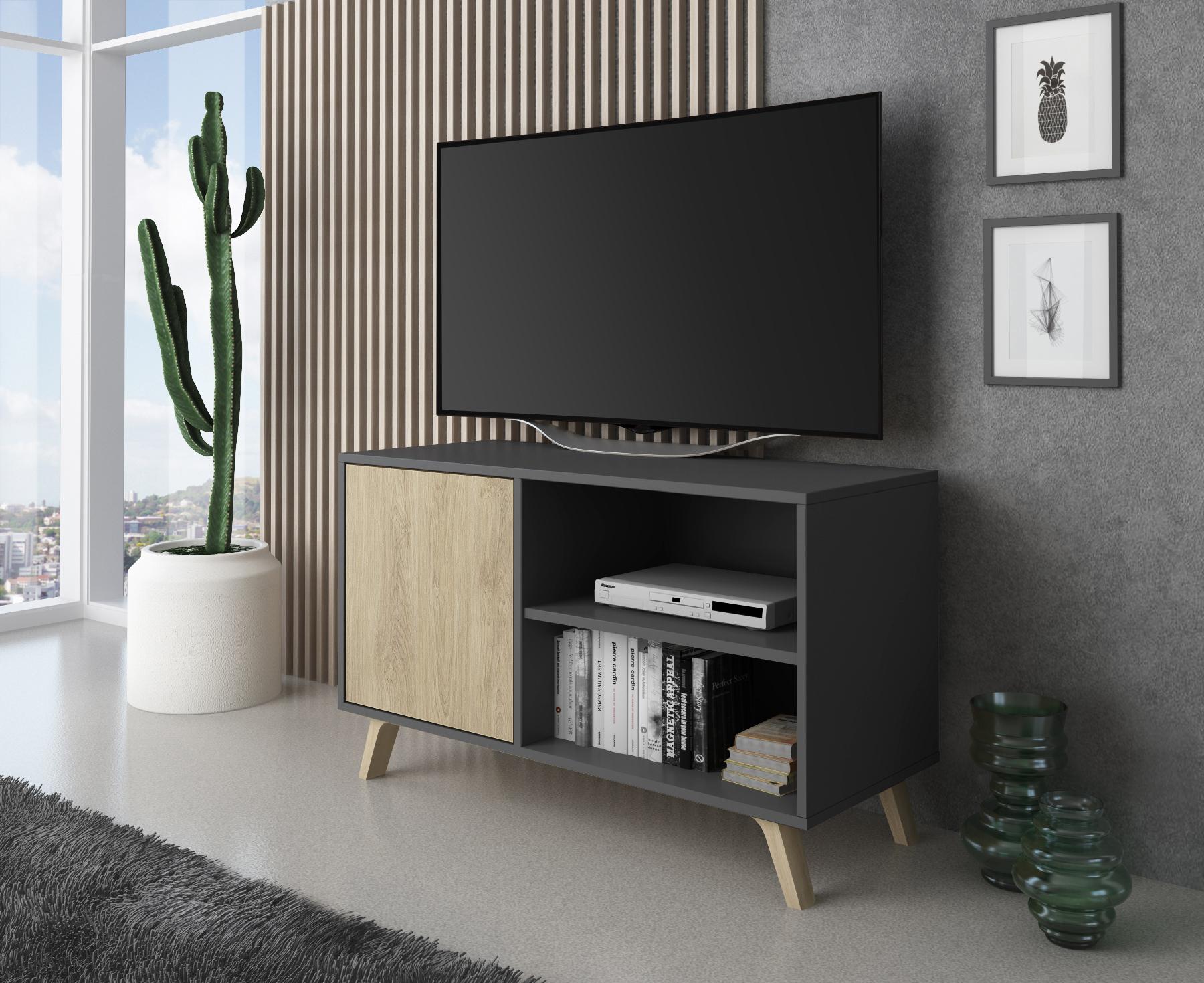 Mobile TV 95x40x57cm soggiorno salotto con porta sinistra colore Grigio Antracite e Rovere modello Wind RF612