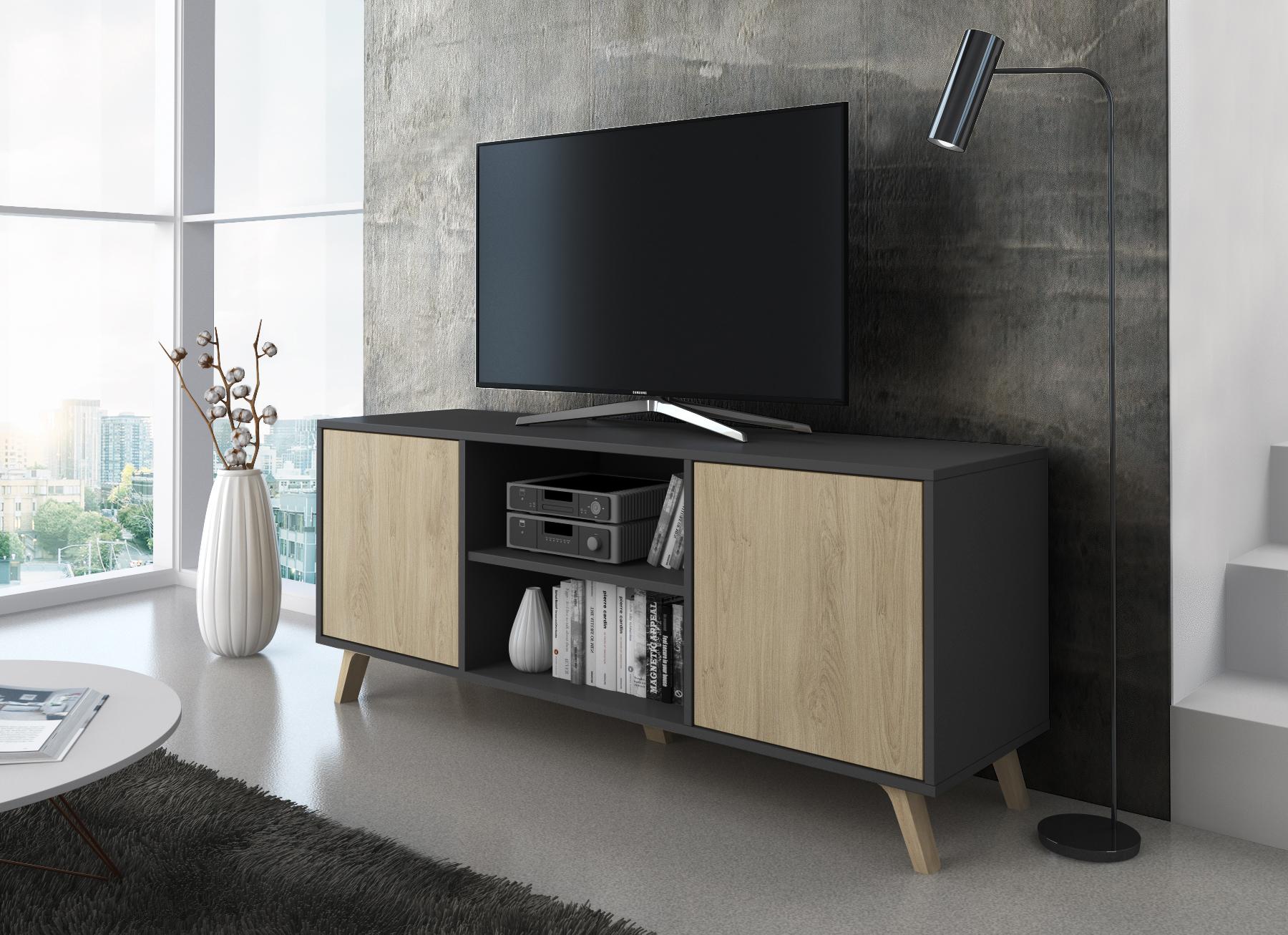 Mobile TV 137x40x57cm a 2 porte soggiorno colore Grigio Antracite e Rovere modello Wind RF616