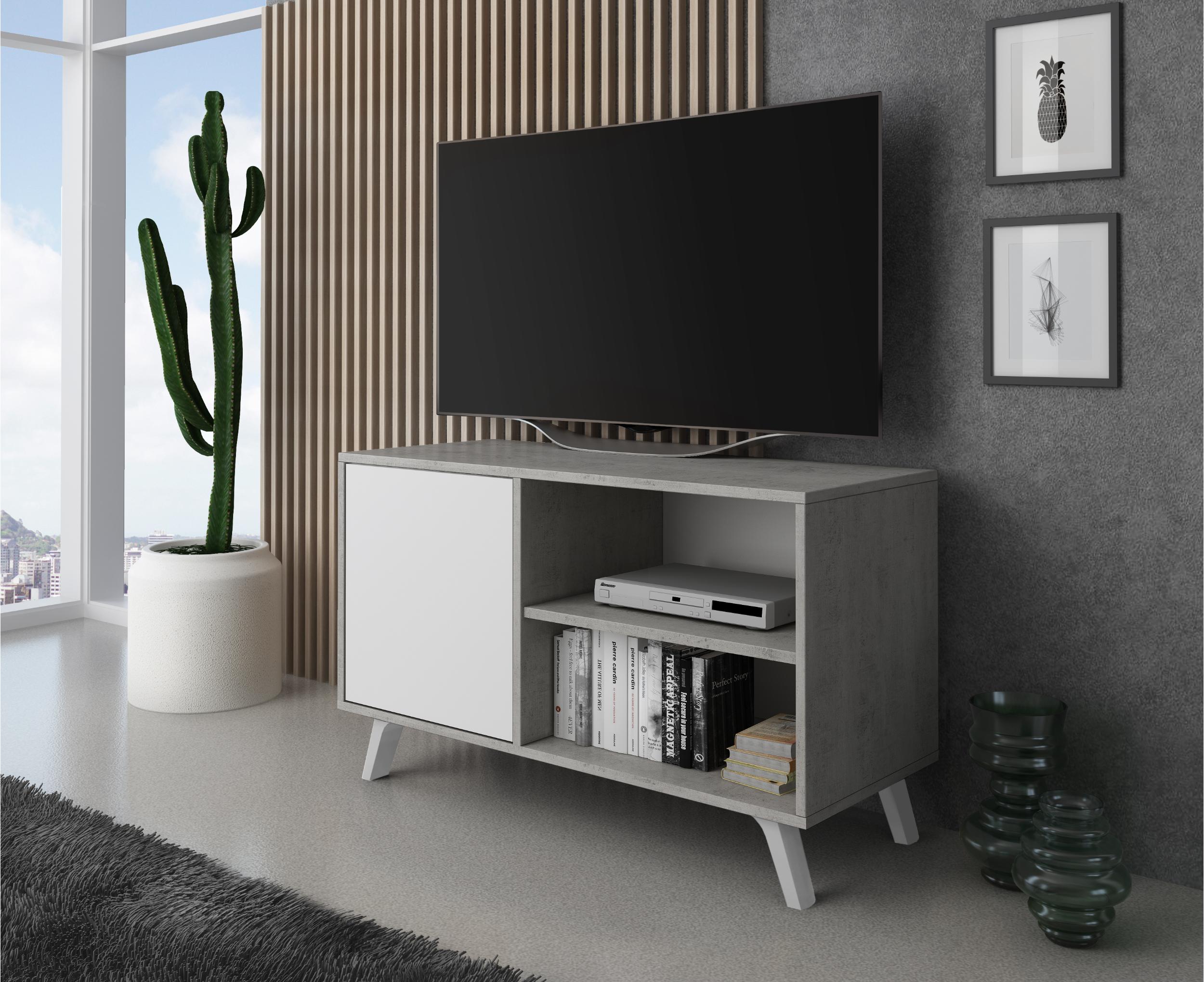 Mobile TV 95x40x57cm soggiorno salotto con porta sinistra colore grigio cemento e Bianco, modello Wind RF657