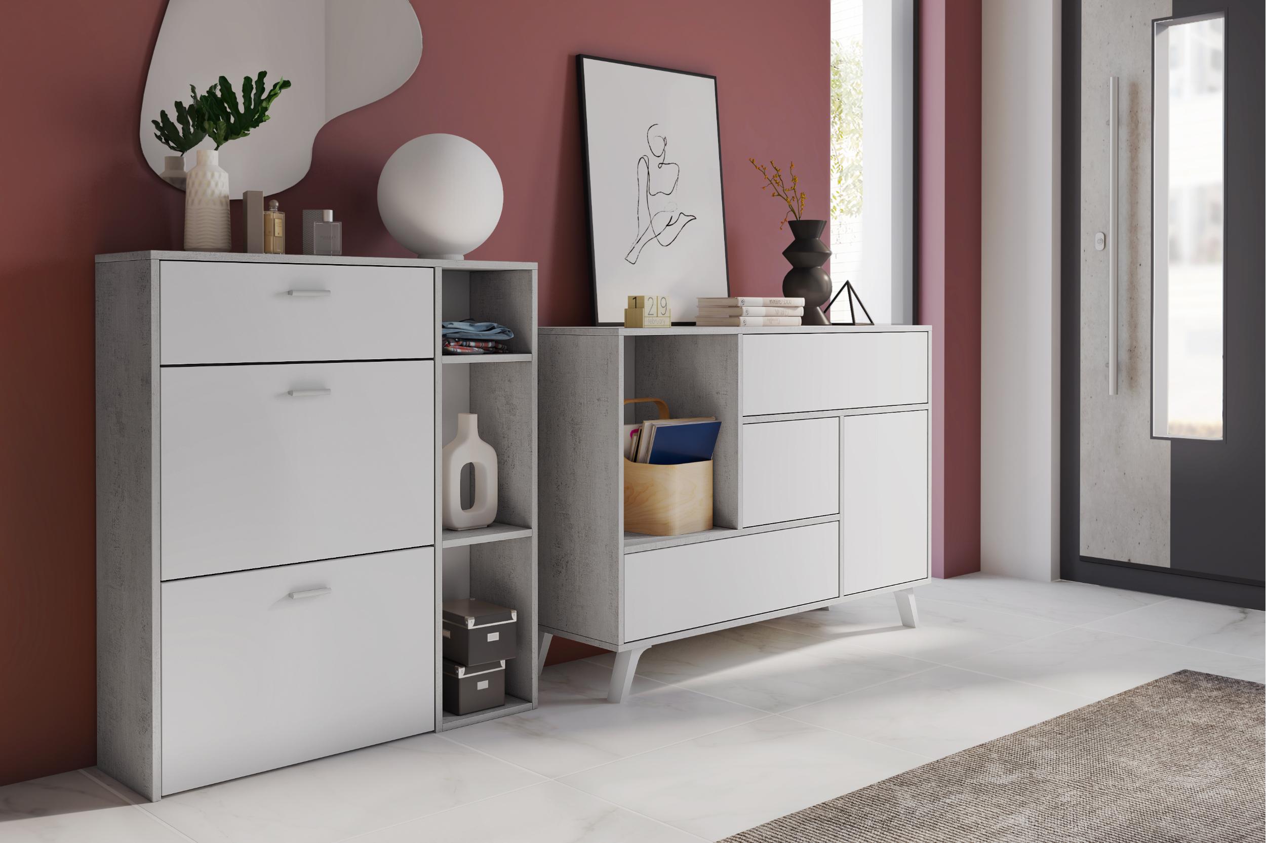 Set ingresso, sala da pranzo, credenza, grigio cemento e bianco - buffet - scarpiera RF904