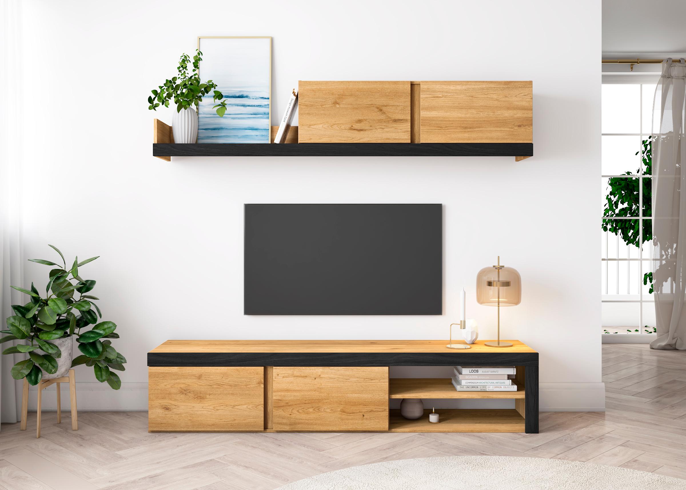 Mobile da Soggiorno IDEM - 1 Mobile TV - 1 Mensola e Armadietto - colore Rovere/Nero Nordico - 200x40x180cm RF957