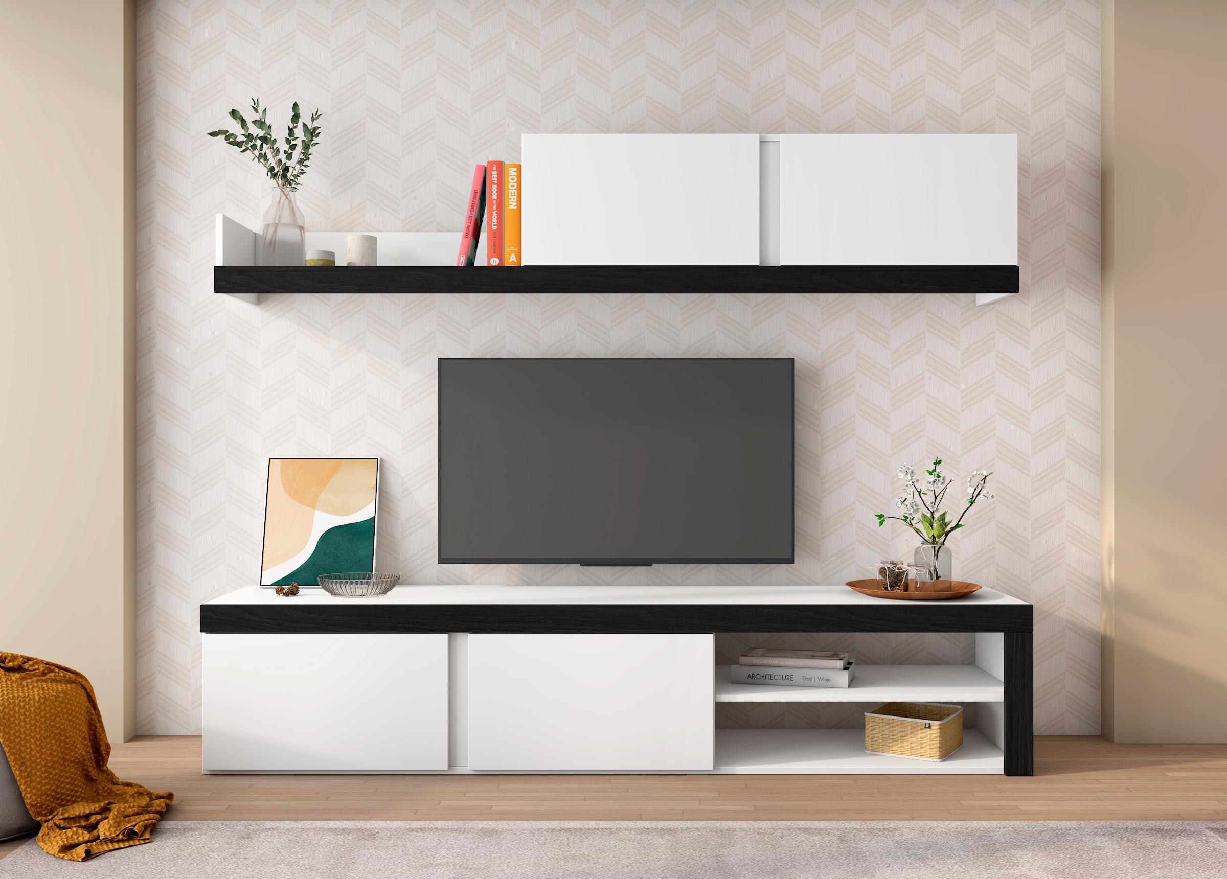 Mobile da Soggiorno IDEM - 1 Mobile TV - 1 Mensola e Armadietto - Bianco/Nero - 200x40x180cm RF958