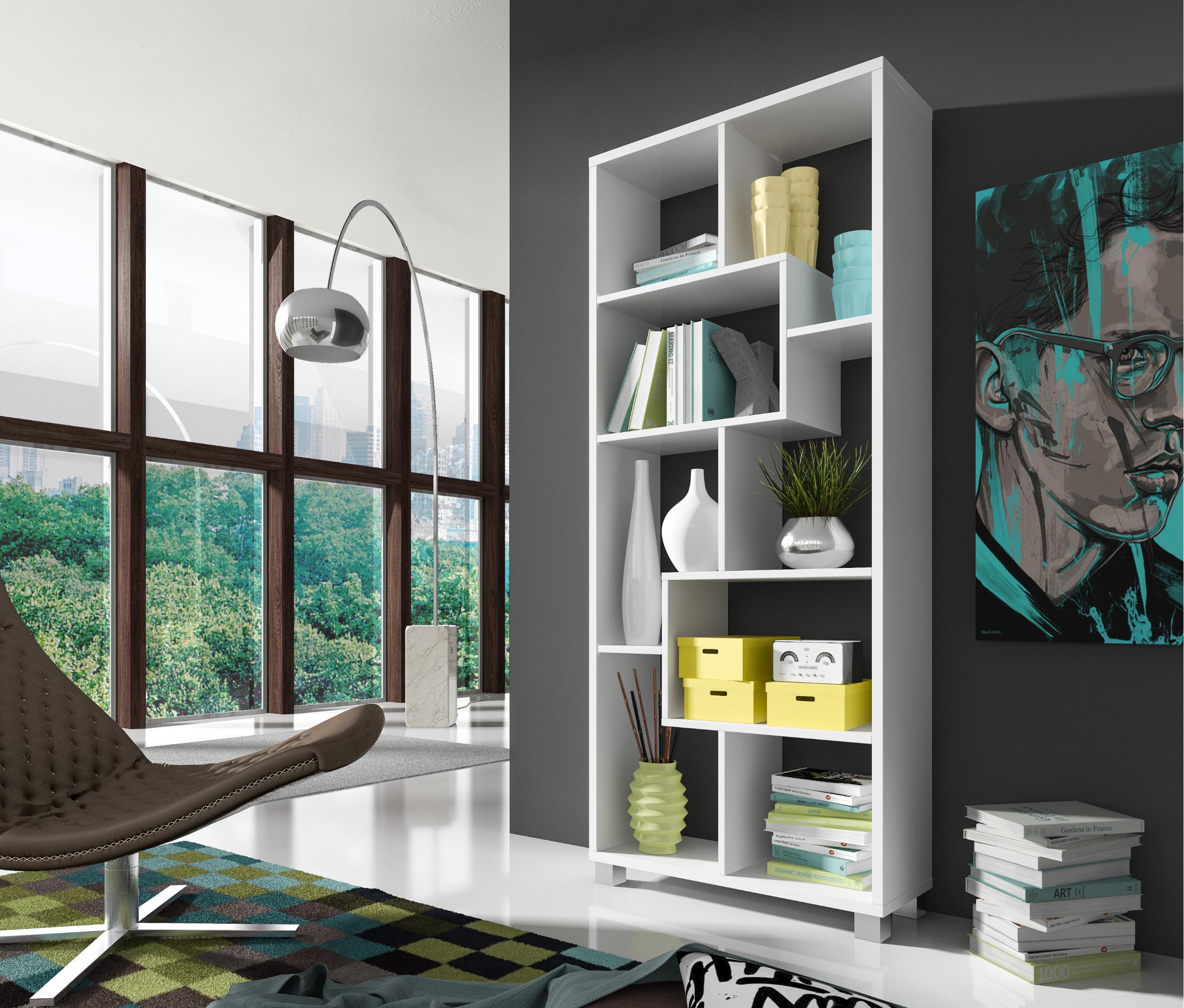 Scaffale libreria a parete 68,5x25x161cm con 8 scompartimenti, montaggio orizzontale e verticale colore bianco mate RF450