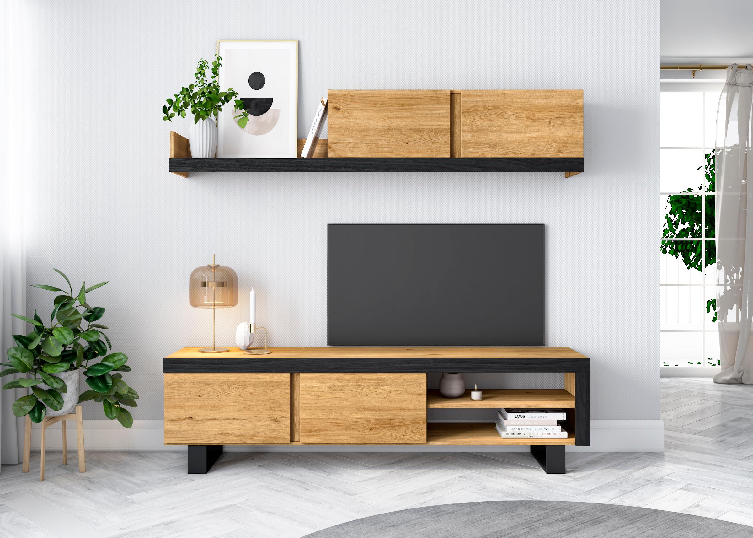 Mobile da Soggiorno IDEM Naturale, 200x40x180cm Mobile TV basso, colore Rovere Nordico/Nero, stile Moderno RF986