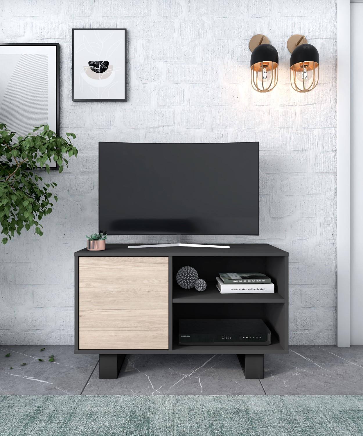 Mobile TV 95x40x57cm soggiorno pranzo con porta a sinistra colore Grigio Antracite e colore Rovere modello Wind RF1002