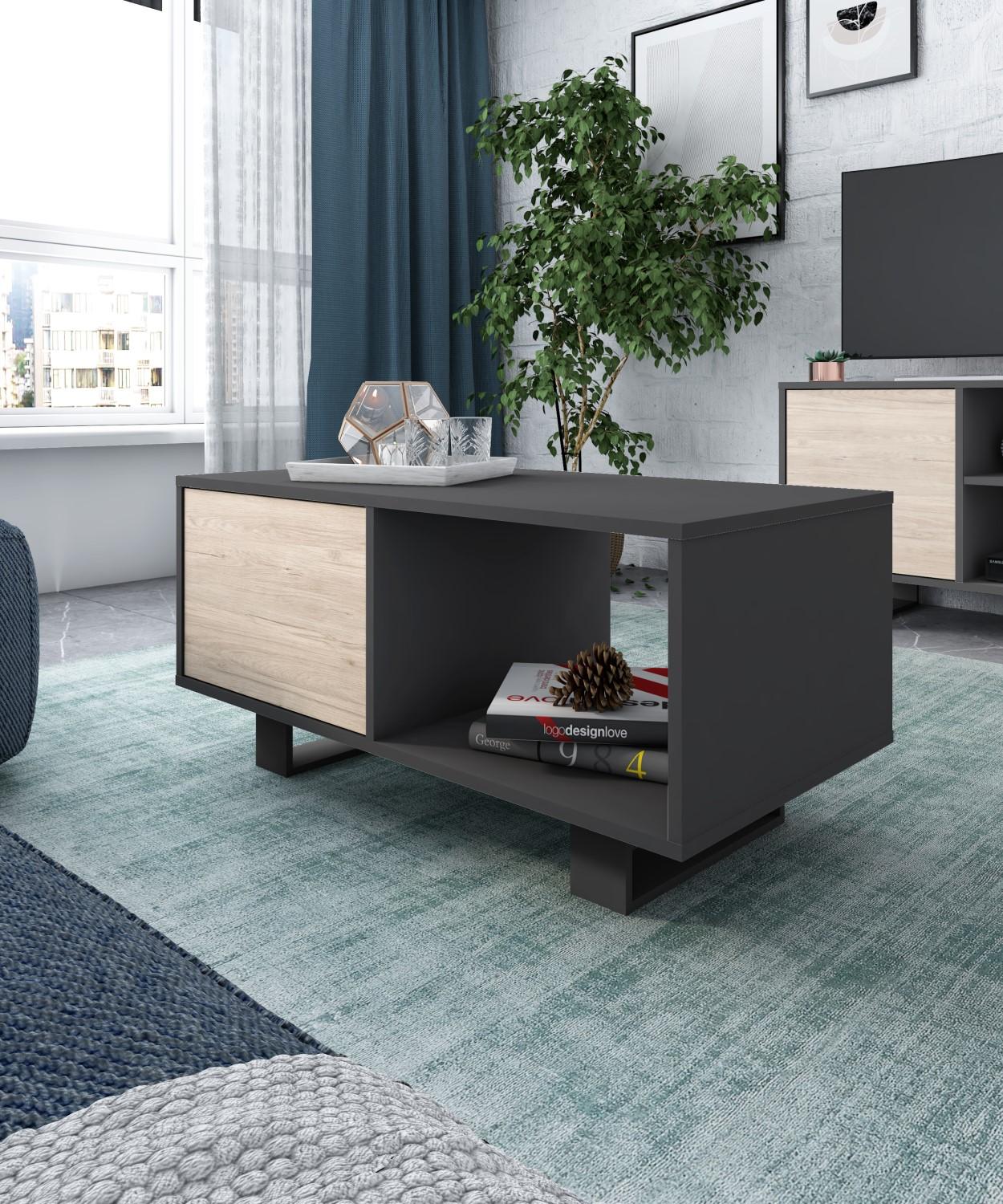 Tavolino con anta 92x50x45cm per sala da pranzo colore Grigio Antracite e colore Rovere modello WIND RF1010