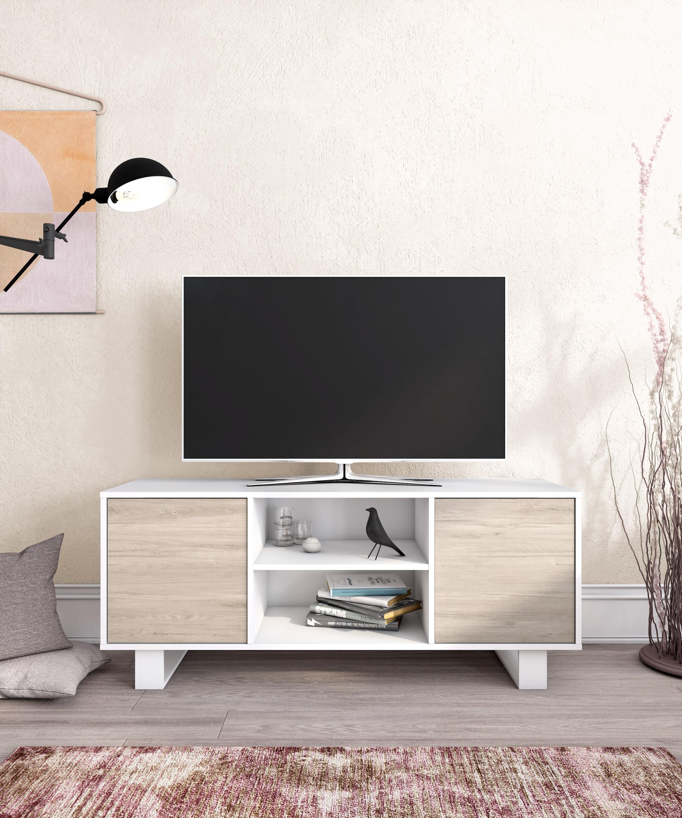 Mobile TV 137x40x57cm a 2 porte soggiorno colore Bianco e colore Rovere modello Wind RF1023